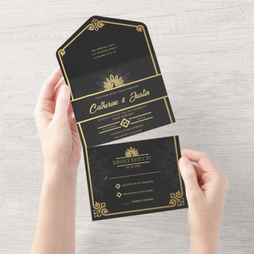Modern Art Deco Peacock Gold and Black Wedding All In One Invitation