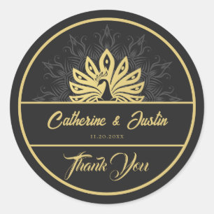 Modern Art Deco Peacock Gold and Black Wedding Classic Round Sticker
