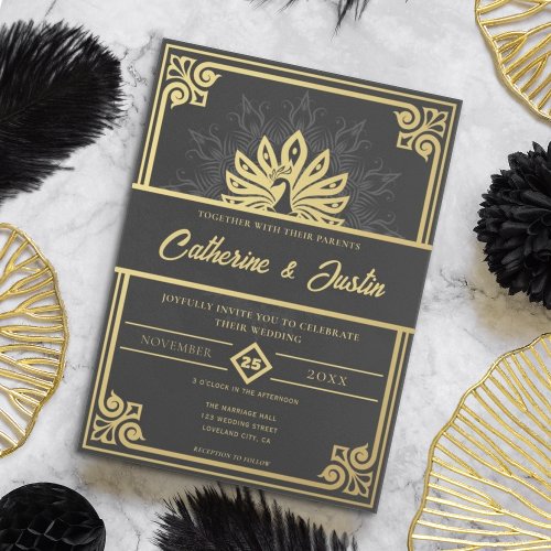 Modern Art Deco Peacock Gold and Black Wedding Invitation