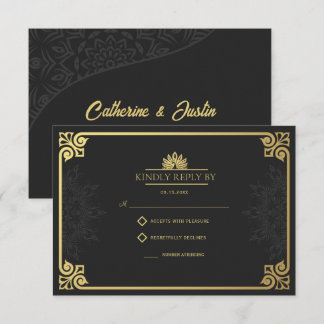 Modern Art Deco Peacock Gold and Black Wedding RSVP Card
