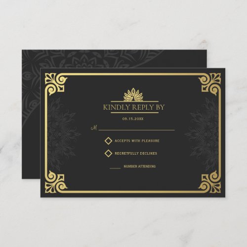Modern Art Deco Peacock Gold and Black Wedding RSVP Card