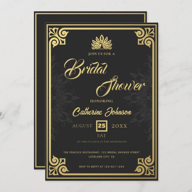 Modern Art Deco Peacock Gold Black Bridal Shower Invitation (Front/Back)