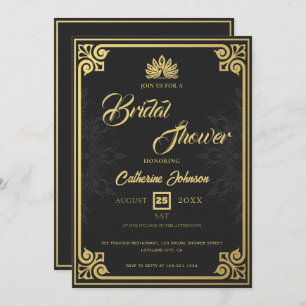 Modern Art Deco Peacock Gold Black Bridal Shower Invitation
