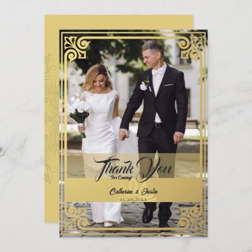 Modern Art Deco Peacock Gold  Black Photo Wedding Thank You Card