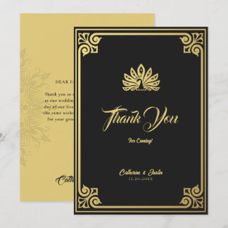 Modern Art Deco Peacock Gold & Black Wedding Thank You Card