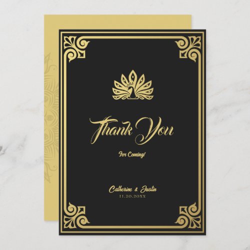 Modern Art Deco Peacock Gold  Black Wedding Thank You Card