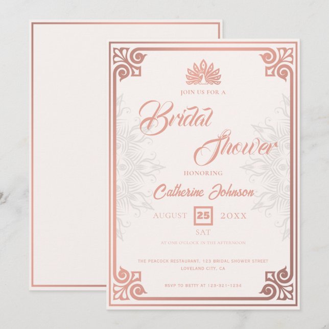 Modern Art Deco Peacock Rose Pink Bridal Shower Invitation (Front/Back)