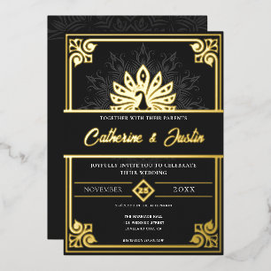 Modern Art Deco Peacock Wedding Gold Foil Invitation
