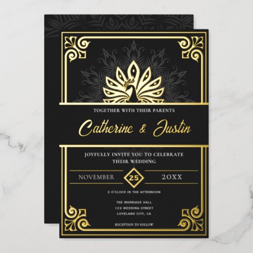 Modern Art Deco Peacock Wedding Gold Foil Invitation