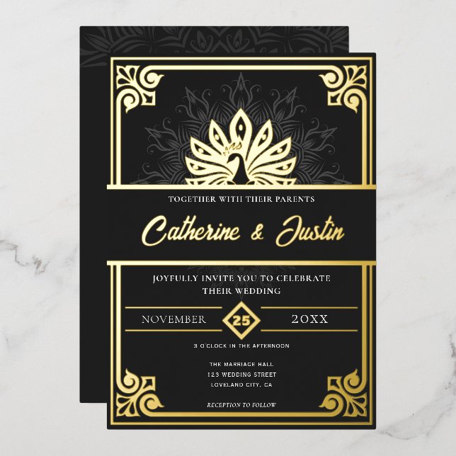 Modern Art Deco Peacock Wedding Gold Foil Invitation (Front/Back)
