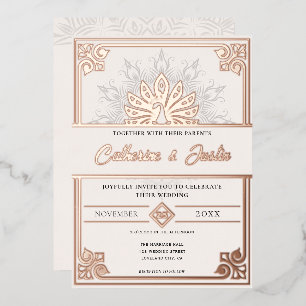 Modern Art Deco Peacock Wedding Rose Gold Foil Invitation