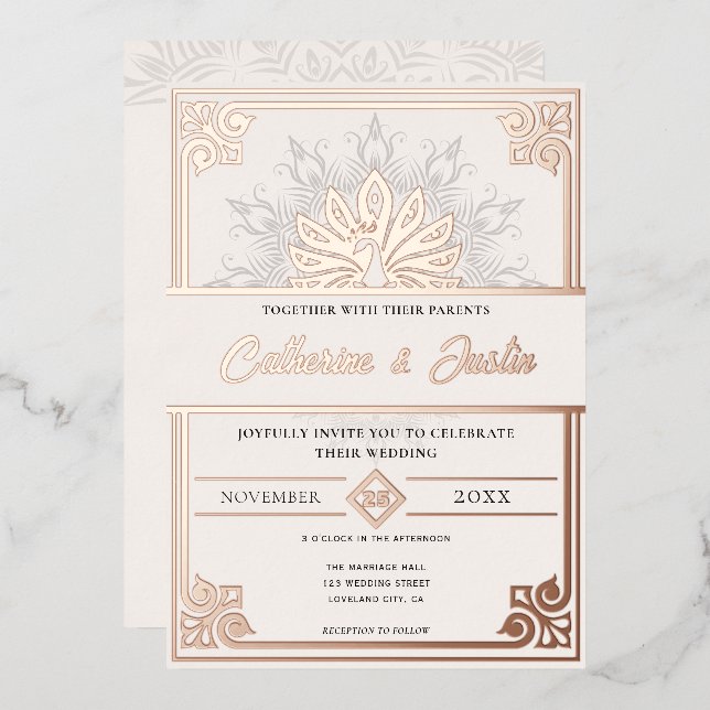 Modern Art Deco Peacock Wedding Rose Gold Foil Invitation (Front/Back)