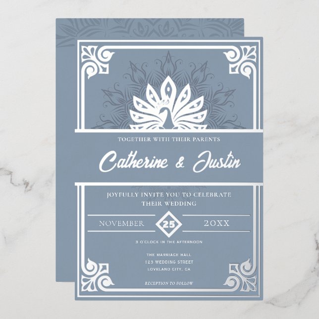 Modern Art Deco Peacock Wedding Silver Foil Invitation (Front/Back)