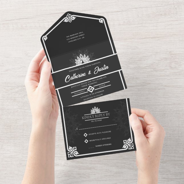 Modern Art Deco Peacock White and Black Wedding All In One Invitation (Tearaway)