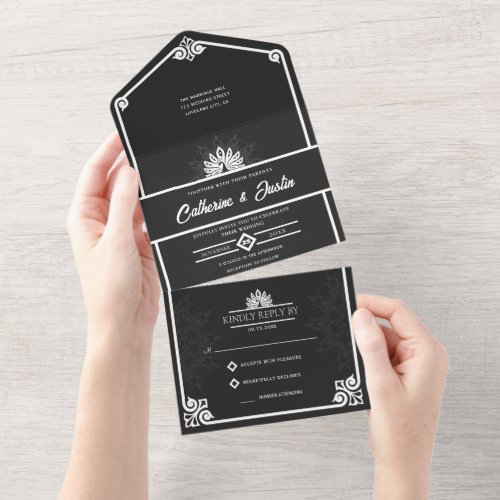 Modern Art Deco Peacock White and Black Wedding All In One Invitation