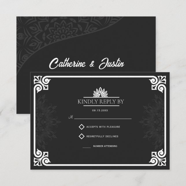 Modern Art Deco Peacock White and Black Wedding RSVP Card (Front/Back)