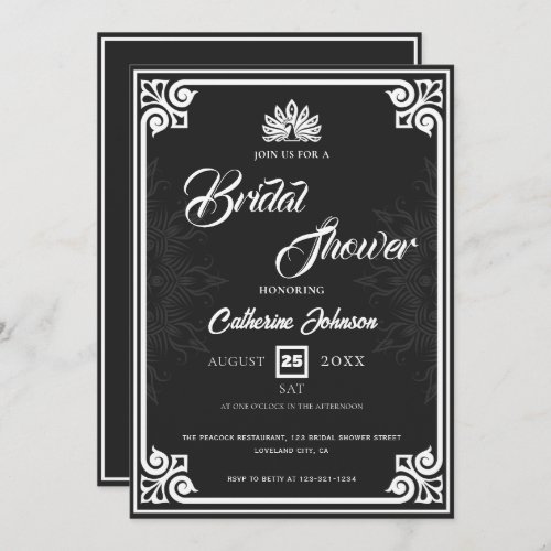 Modern Art Deco Peacock White Black Bridal Shower Invitation