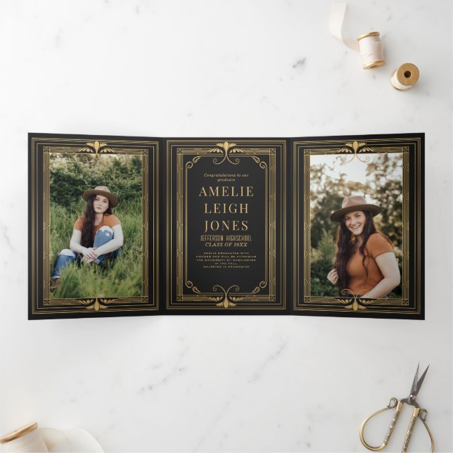 Modern Art Deco Photo Graduation Tri-Fold Invitation (Inside)