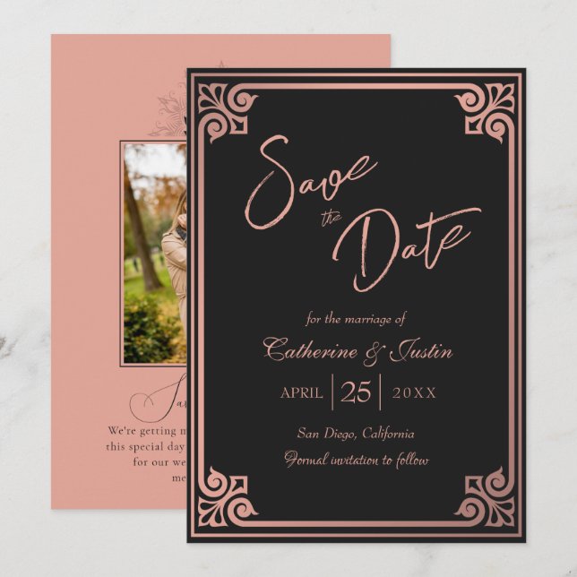 Modern Art Deco Pink Black Peacock Photo Wedding Save The Date (Front/Back)
