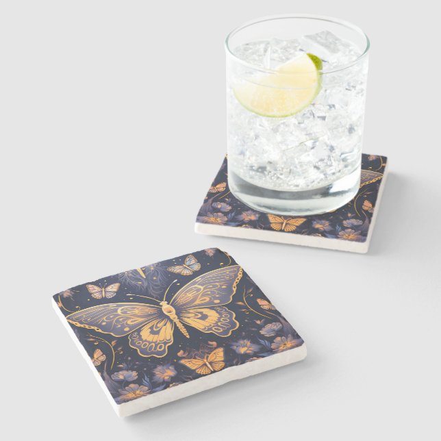 Modern Art Deco Purple Blue Gold Butterfly Stone Coaster (Side)