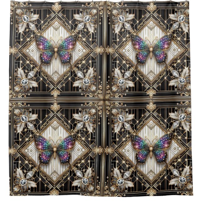 Modern Art Deco Rainbow Butterfly Shower Curtain (Front)