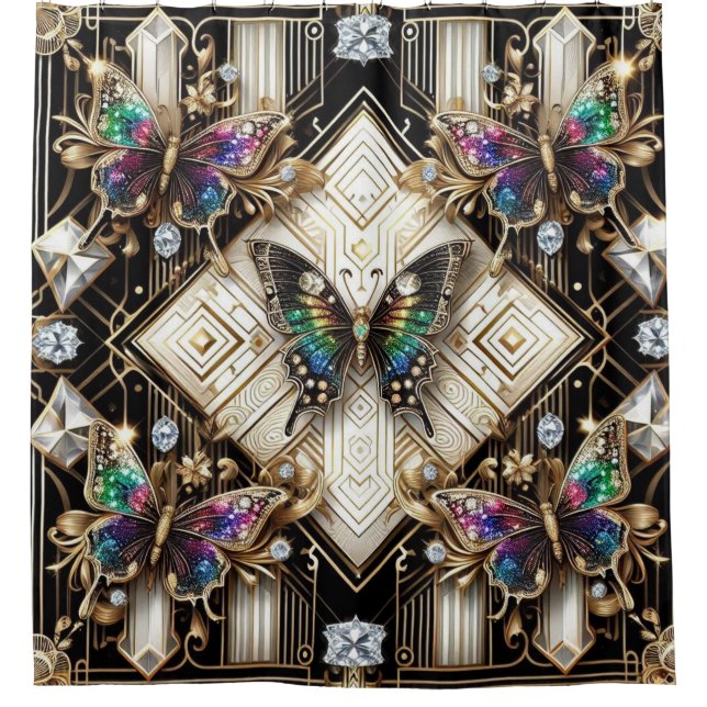 Modern Art Deco Rainbow Butterfly Shower Curtain (Front)