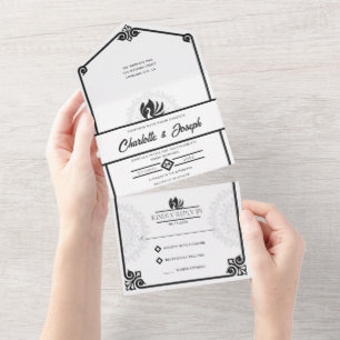 Modern Art Deco Swan Black and White Wedding All In One Invitation