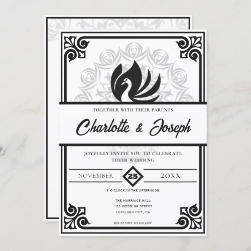 Modern Art Deco Swan Black and White Wedding Invitation