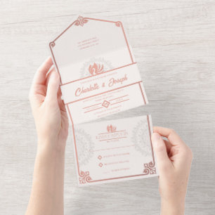 Modern Art Deco Swan Blush Rose Pink Wedding All In One Invitation