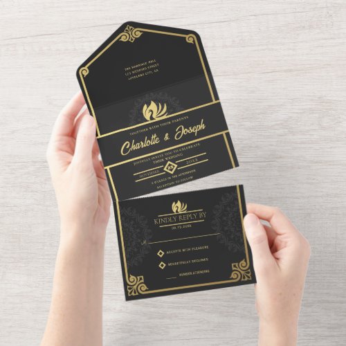 Modern Art Deco Swan Gold and Black Wedding All In One Invitation
