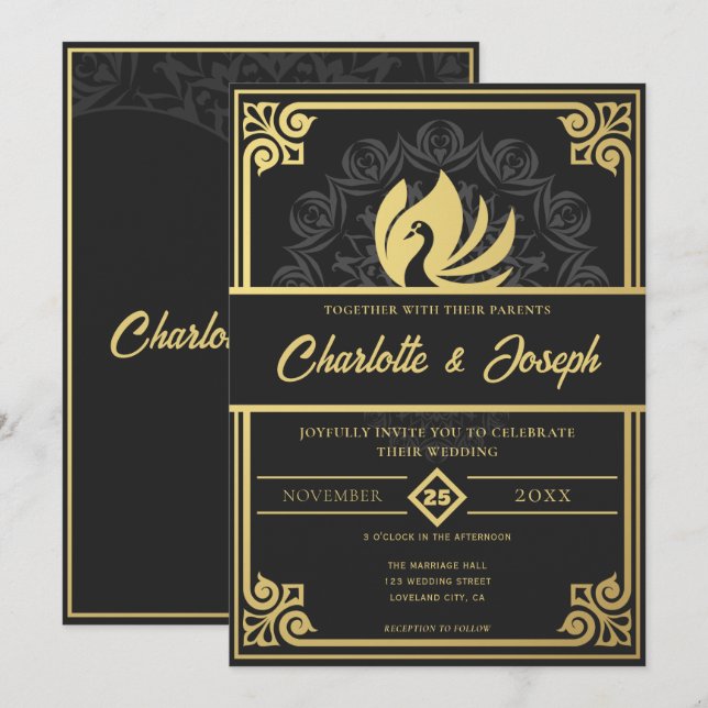 Modern Art Deco Swan Gold and Black Wedding Invitation (Front/Back)