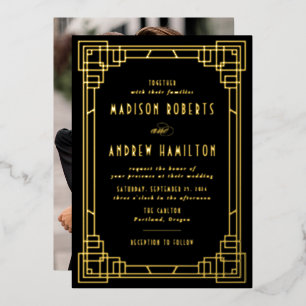 Modern Art Deco Wedding Black and Gold Foil Invitation