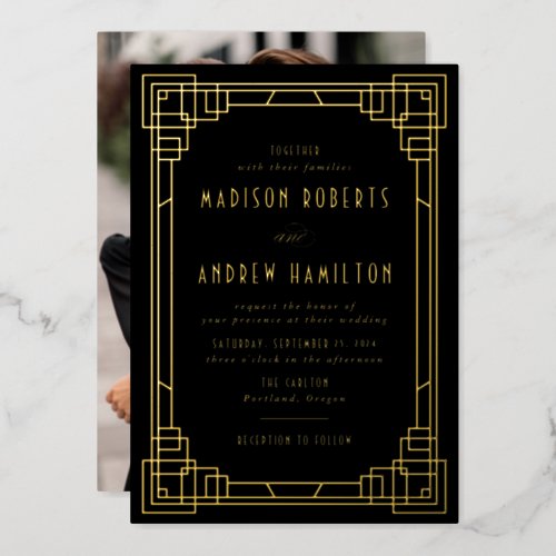 Modern Art Deco Wedding Black and Gold Foil Invitation