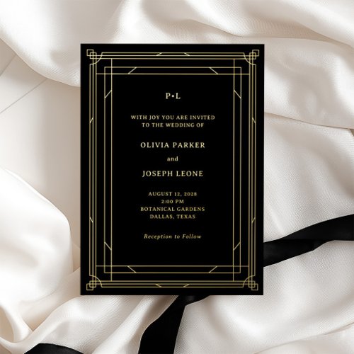 Modern Art Deco Wedding | Black and Gold Foil Invitation