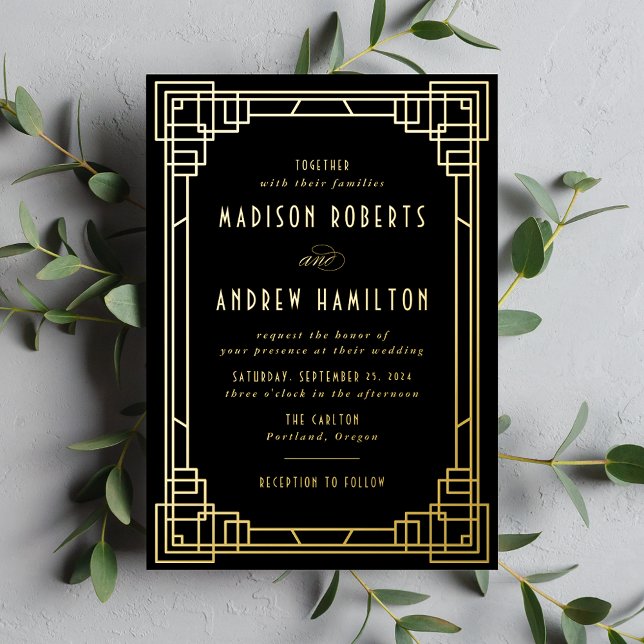 Modern Art Deco Wedding Black and Gold Foil Invitation (Creator Uploaded)