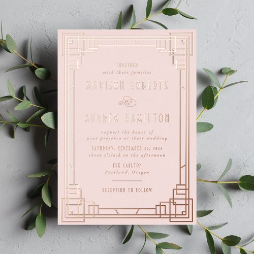 Modern Art Deco Wedding Blush and Rose Gold Foil Invitation