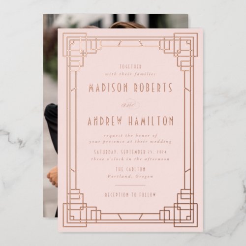 Modern Art Deco Wedding Blush and Rose Gold Foil Invitation