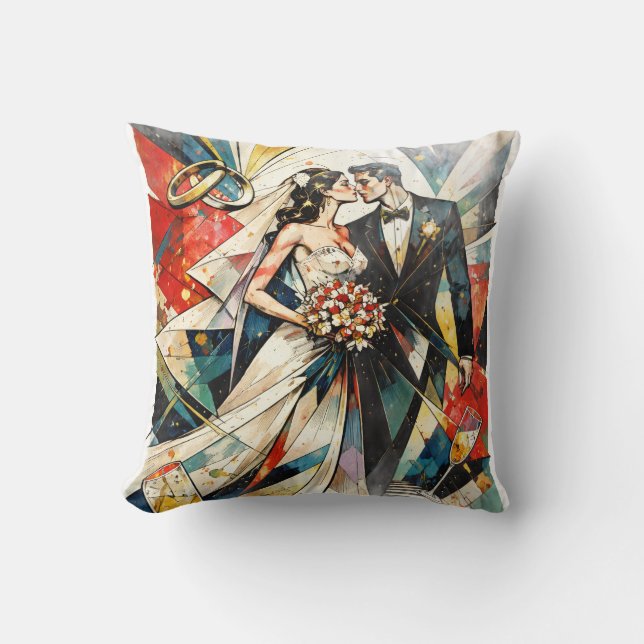 Modern Art Deco Wedding Couple Illustration Throw Pillow (Front)