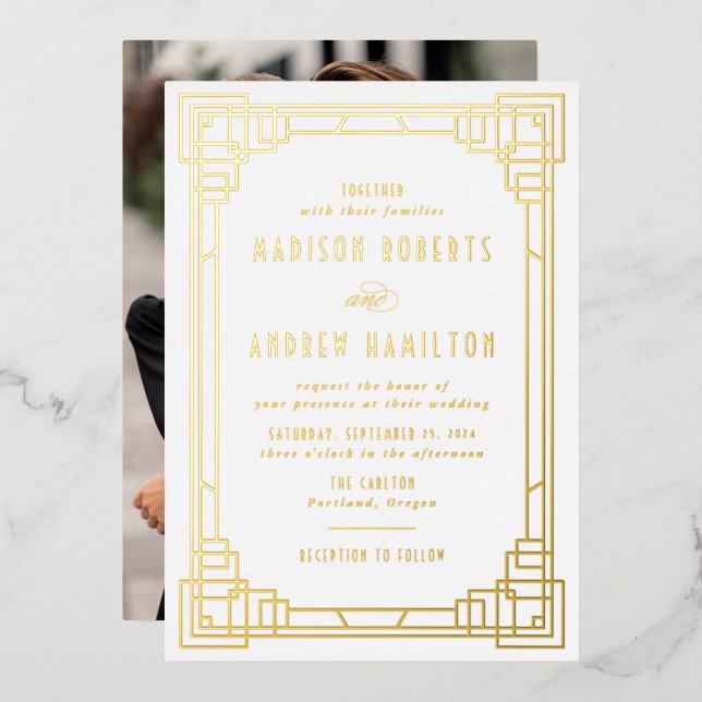 Modern Art Deco Wedding Gold Foil Invitation (Front/Back)