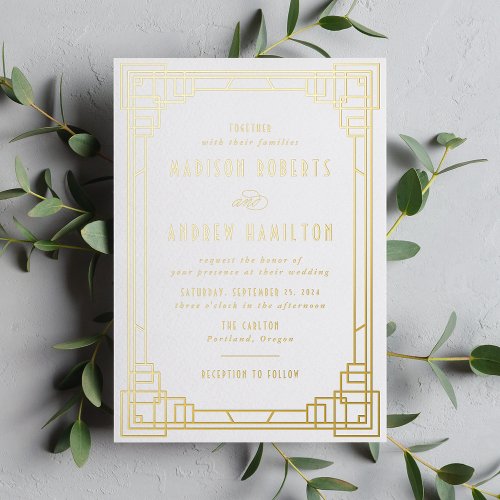 Modern Art Deco Wedding Gold Foil Invitation