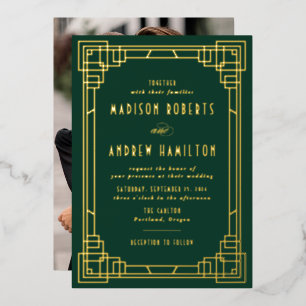 Modern Art Deco Wedding Green and Gold Foil Invitation