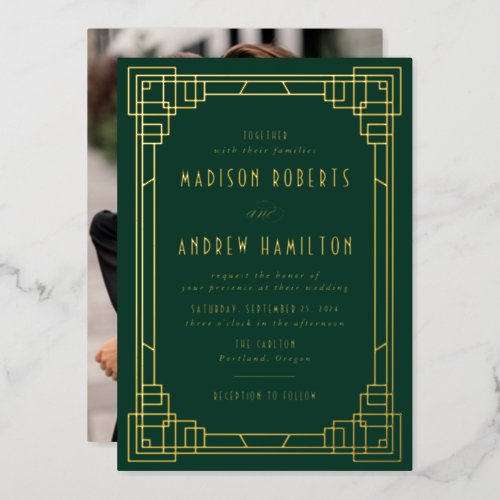 Modern Art Deco Wedding Green and Gold Foil Invitation