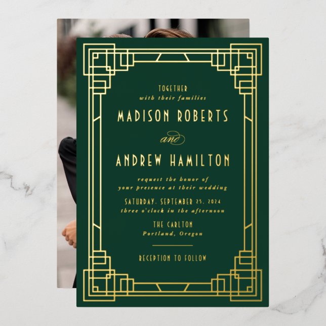 Modern Art Deco Wedding Green and Gold Foil Invitation (Front/Back)