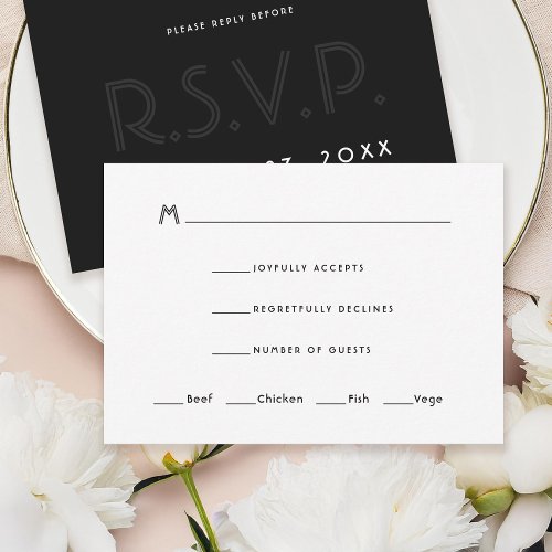 Modern Art Deco Wedding Invitation RSVP Card Black