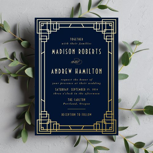 Modern Art Deco Wedding Navy and Gold Foil Invitation