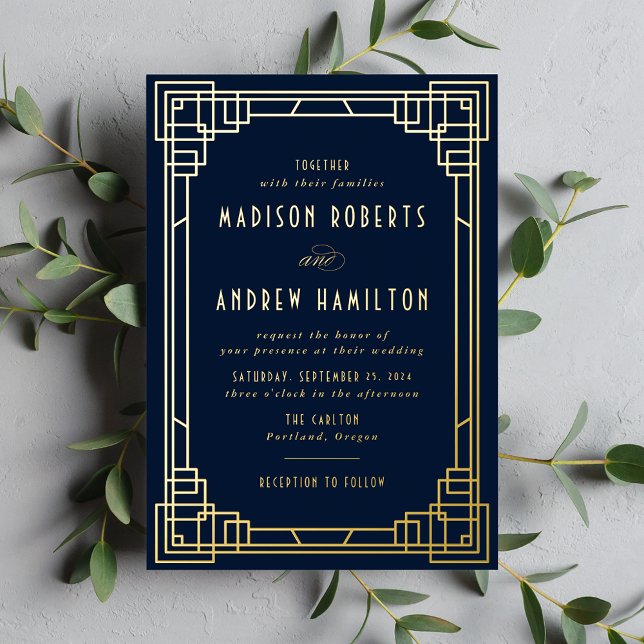 Modern Art Deco Wedding Navy and Gold Foil Invitation (Creator Uploaded)