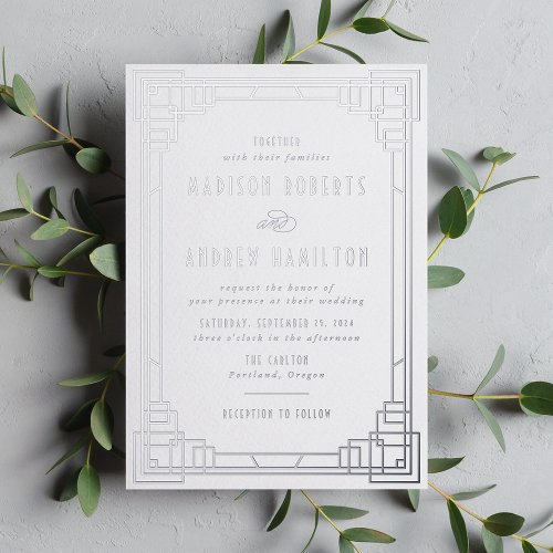 Modern Art Deco Wedding Silver Foil Invitation