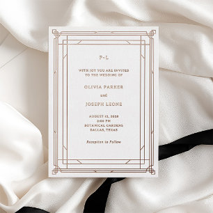 Modern Art Deco Wedding White and Rose Gold Foil Invitation
