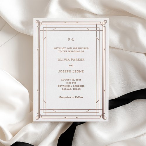 Modern Art Deco Wedding | White and Rose Gold Foil Invitation