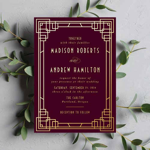 Modern Art Deco Wedding Wine and Gold Foil Invitation